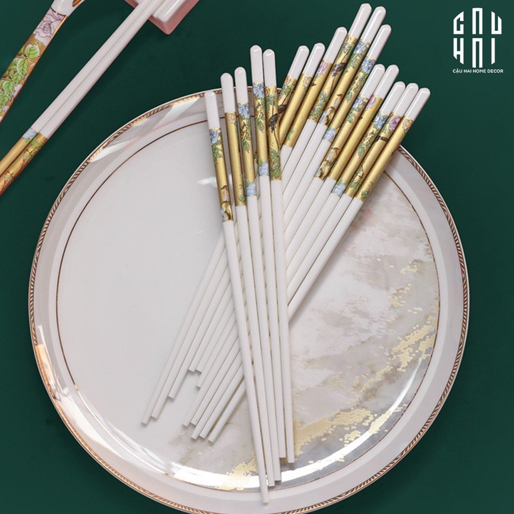Set 10 Đôi Đũa Sứ BST Khổng Tước Hoàng Kim Porcelain Chopstick 25cm-Dinner Cutlery Set Dao Muỗng Nĩa-CẬU HAI HOME DECOR