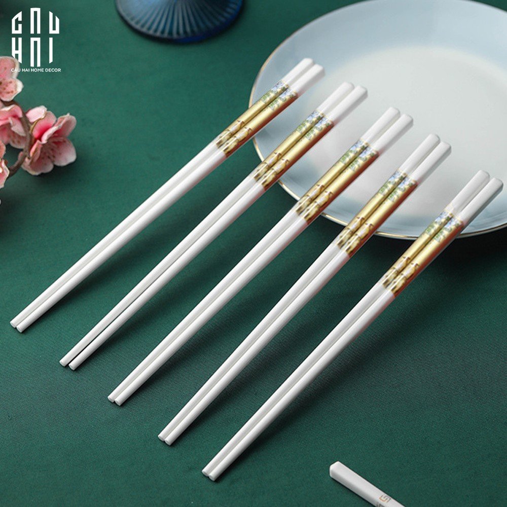 Set 10 Đôi Đũa Sứ BST Khổng Tước Hoàng Kim Porcelain Chopstick 25cm-Dinner Cutlery Set Dao Muỗng Nĩa-CẬU HAI HOME DECOR