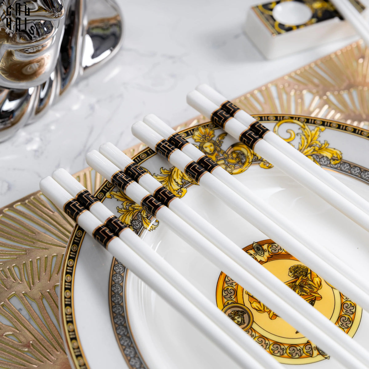 Set 10 Đôi Đũa Sứ V Class Black Greek Key Atélier Porcelain Chopsticks-Dinner Cutlery Set Dao Muỗng Nĩa-Đối tác tại Trung Quốc theo từng đơn đặt hàng-CẬU HAI HOME DECOR