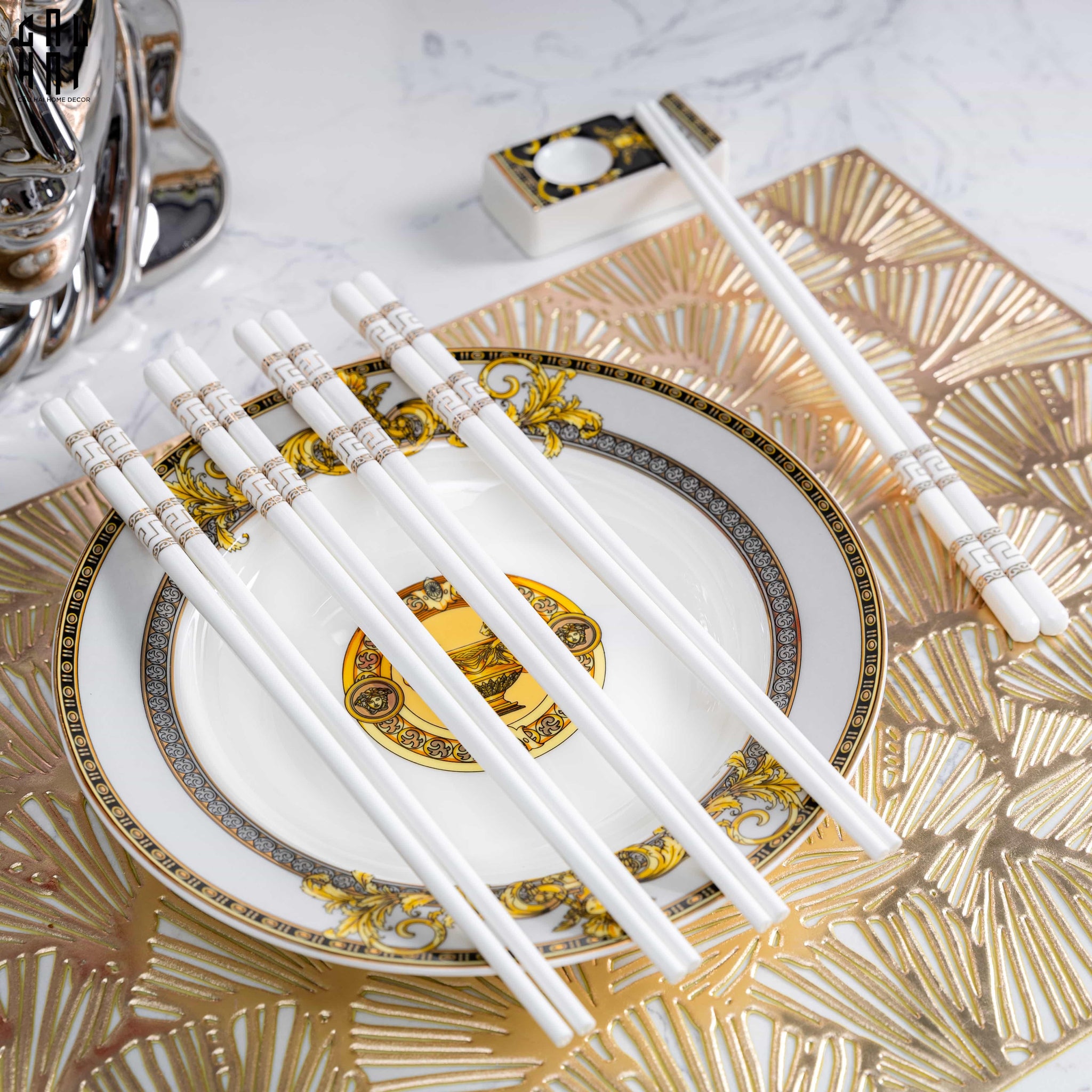 Set 10 Đôi Đũa Sứ V Class White Gold Greek Key Atélier Porcelain Chopsticks-Dinner Cutlery Set Dao Muỗng Nĩa-CẬU HAI HOME DECOR