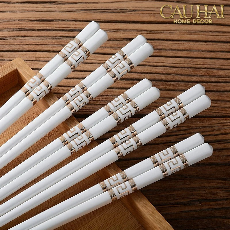 Set 10 Đôi Đũa Sứ V Class White Gold Greek Key Atélier Porcelain Chopsticks-Dinner Cutlery Set Dao Muỗng Nĩa-CẬU HAI HOME DECOR