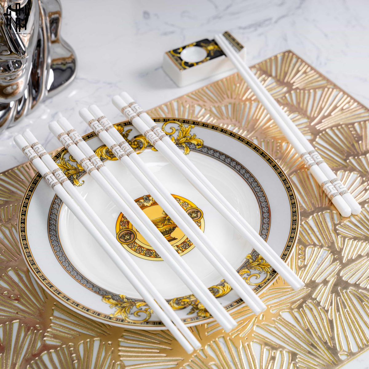 Set 10 Đôi Đũa Sứ V Class White Gold Greek Key Atélier Porcelain Chopsticks-Dinner Cutlery Set Dao Muỗng Nĩa-Đối tác tại Trung Quốc theo từng đơn đặt hàng-CẬU HAI HOME DECOR