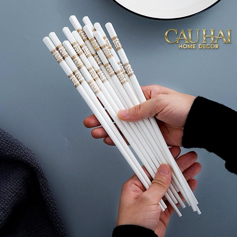 Set 10 Đôi Đũa Sứ V Class White Gold Greek Key Atélier Porcelain Chopsticks-Dinner Cutlery Set Dao Muỗng Nĩa-Đối tác tại Trung Quốc theo từng đơn đặt hàng-CẬU HAI HOME DECOR