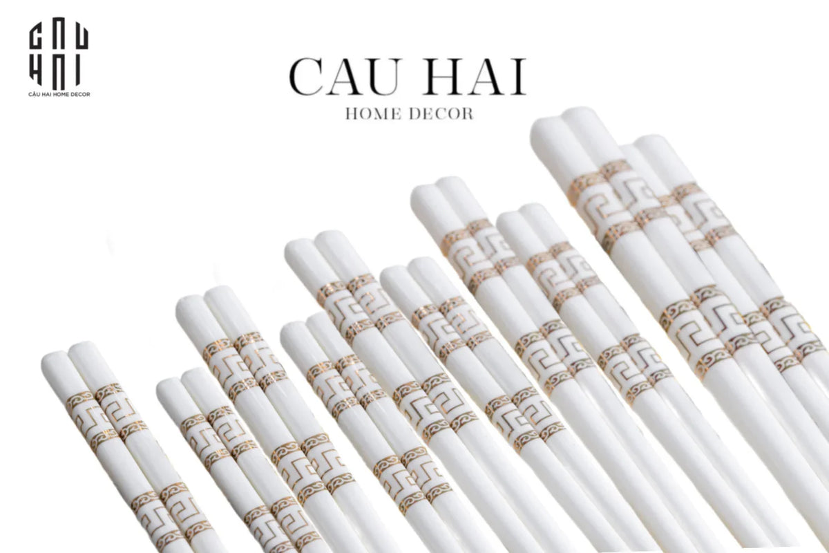 Set 10 Đôi Đũa Sứ V Class White Gold Greek Key Atélier Porcelain Chopsticks-Dinner Cutlery Set Dao Muỗng Nĩa-Đối tác tại Trung Quốc theo từng đơn đặt hàng-CẬU HAI HOME DECOR