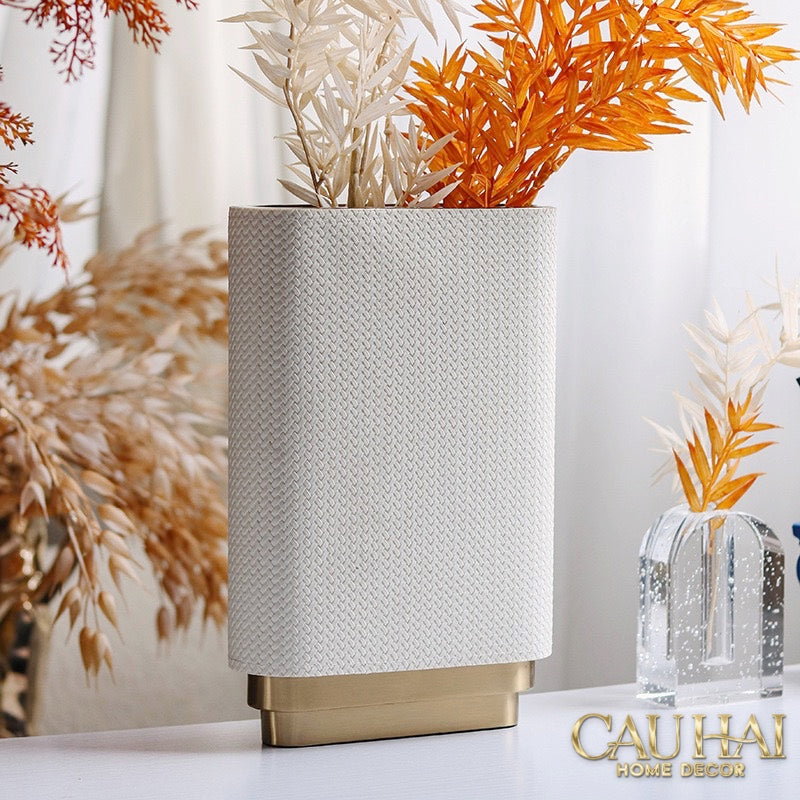 Set 2 Bình Hoa Bọc Da Cao Cấp - Leather Riviera Ivory Gilded Medusa-BÌNH HOA-CẬU HAI HOME DECOR-CẬU HAI HOME DECOR