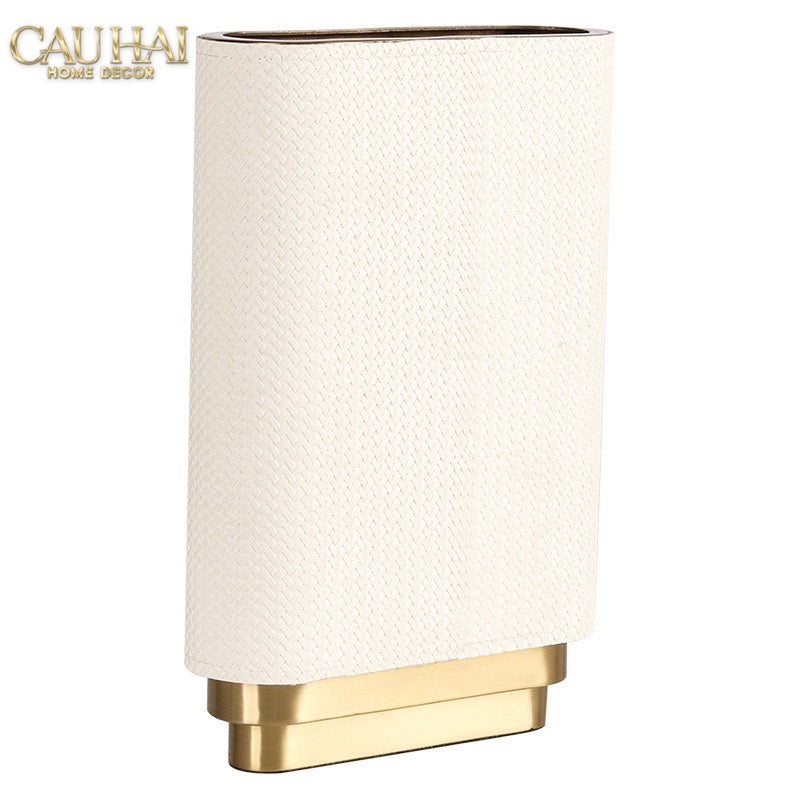 Set 2 Bình Hoa Bọc Da Cao Cấp - Leather Riviera Ivory Gilded Medusa-BÌNH HOA-CẬU HAI HOME DECOR-CẬU HAI HOME DECOR