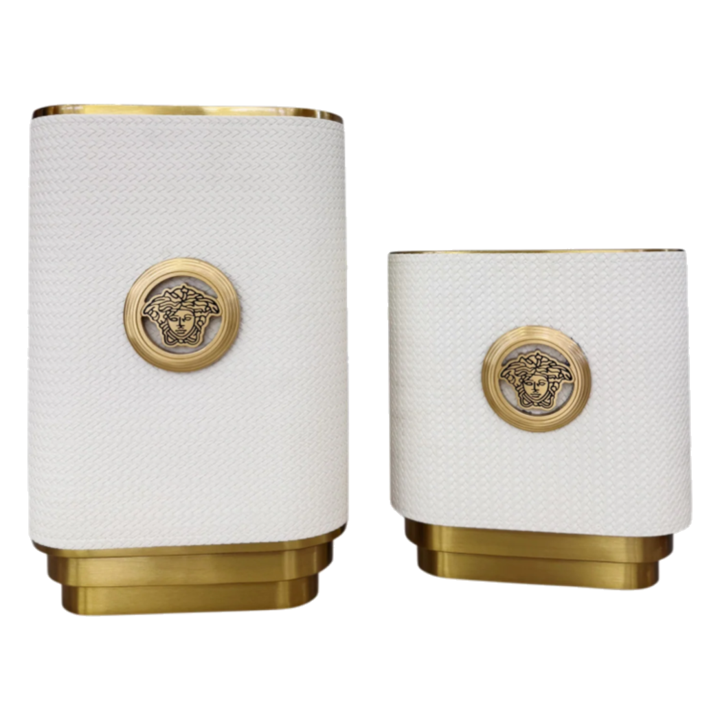 Set 2 Bình Hoa Bọc Da Cao Cấp - Leather Riviera Ivory Gilded Medusa-BÌNH HOA-CẬU HAI HOME DECOR-CẬU HAI HOME DECOR