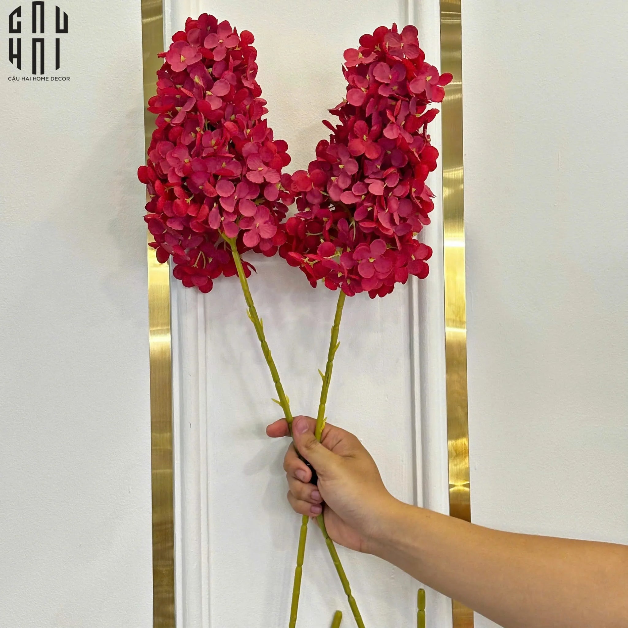 Set 2 Cành Cẩm Tú Cầu Dài Hydrangea - Đỏ-Hoa Lụa-CẬU HAI HOME DECOR