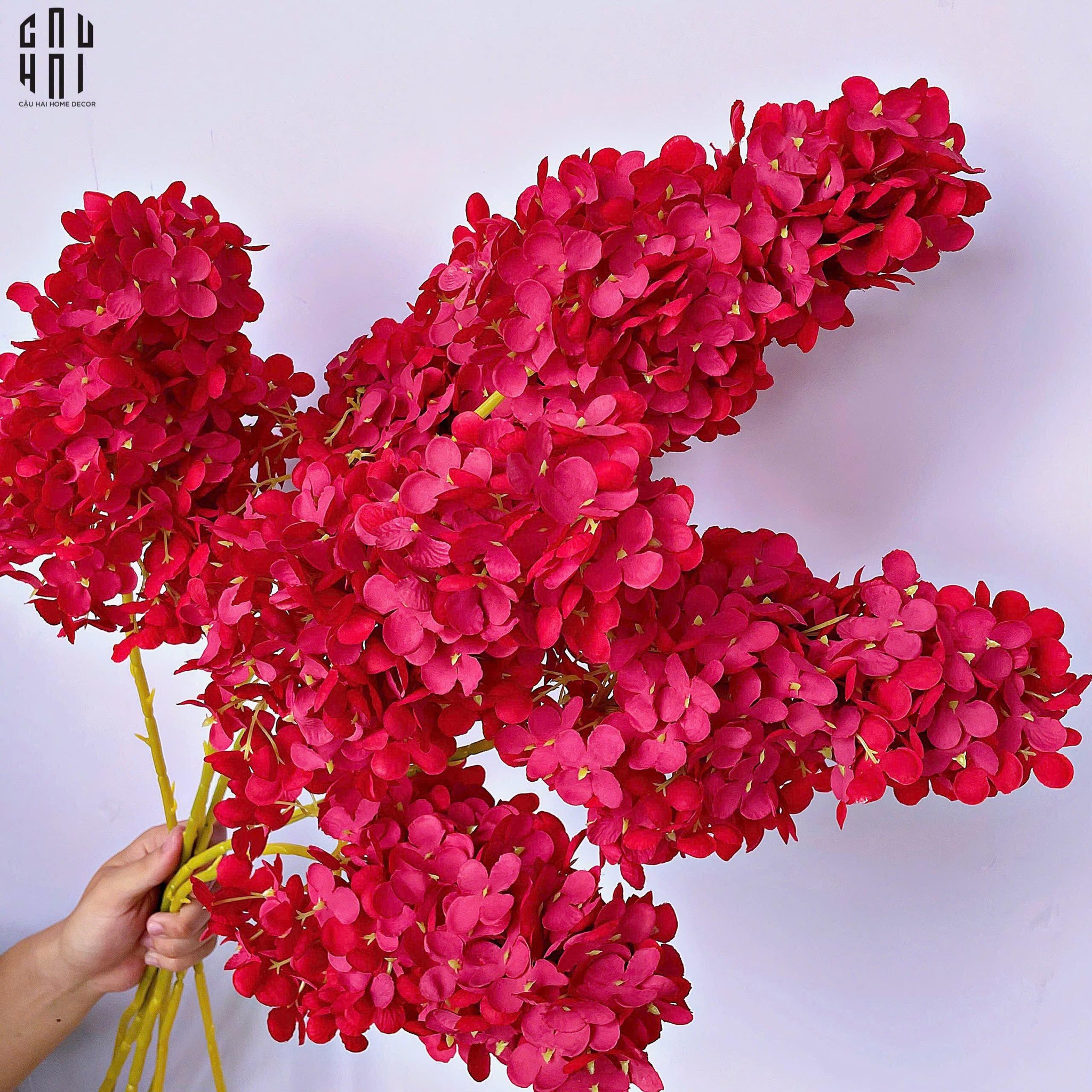 Set 2 Cành Cẩm Tú Cầu Dài Hydrangea - Đỏ-Hoa Lụa-CẬU HAI HOME DECOR