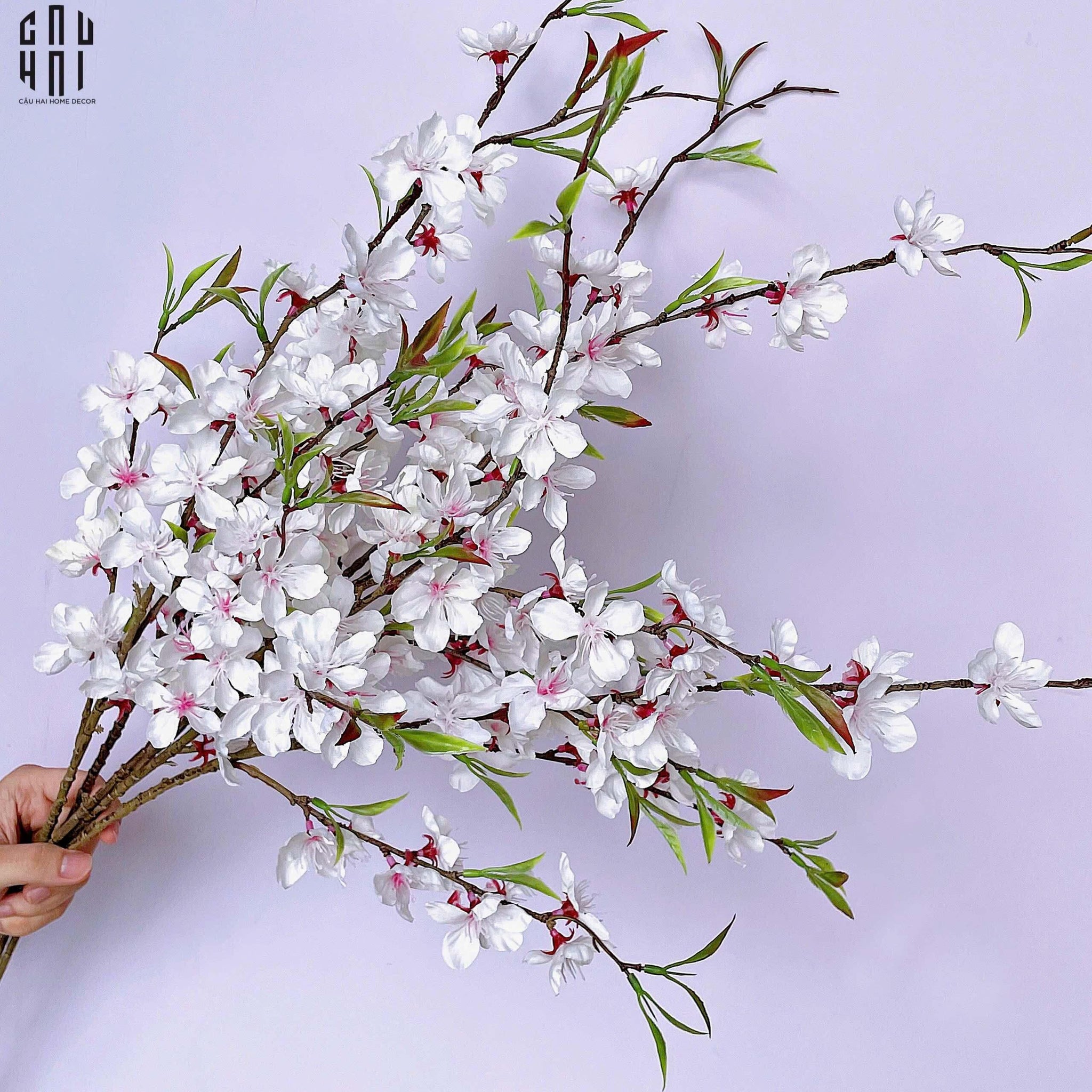 Set 2 Cành Hoa Đào - Trắng-Hoa Lụa-CẬU HAI HOME DECOR