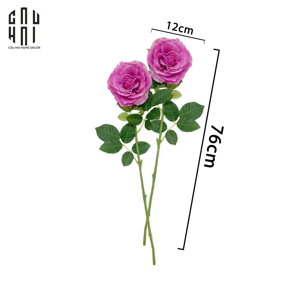 Set 2 Cành Hoa Hồng Ecuador - Tím Hồng-Hoa Lụa-CẬU HAI HOME DECOR