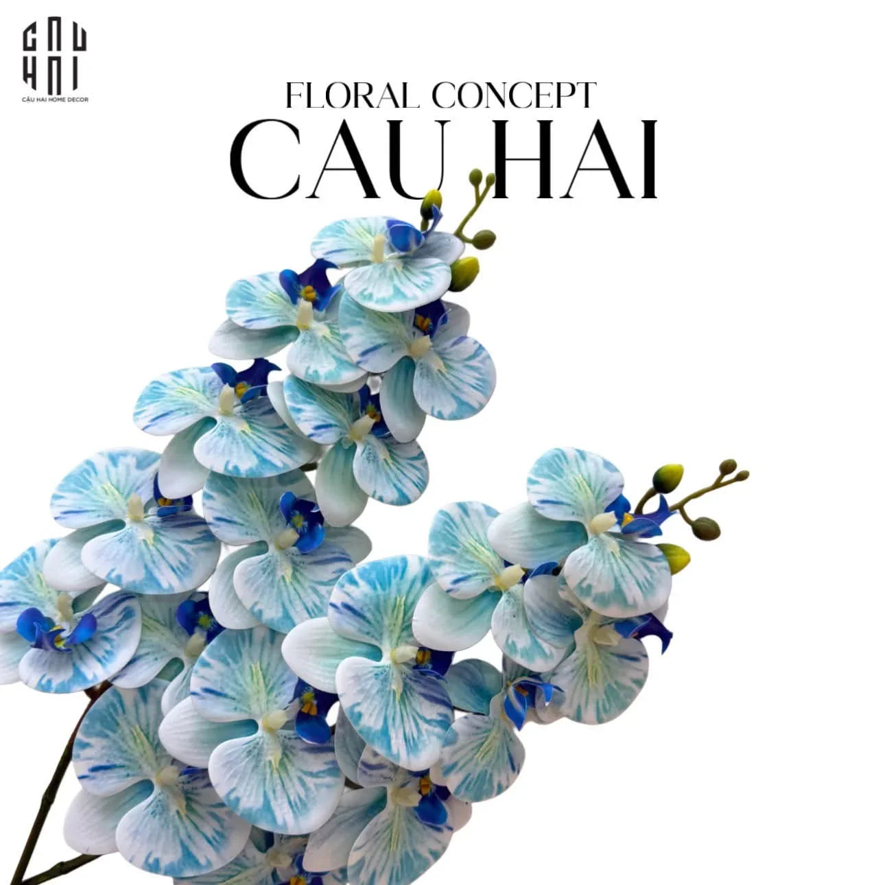 Set 2 Cành Hoa Lan Hồ Điệp - Cool White Blue Aqua-Hoa Lụa-CẬU HAI HOME DECOR