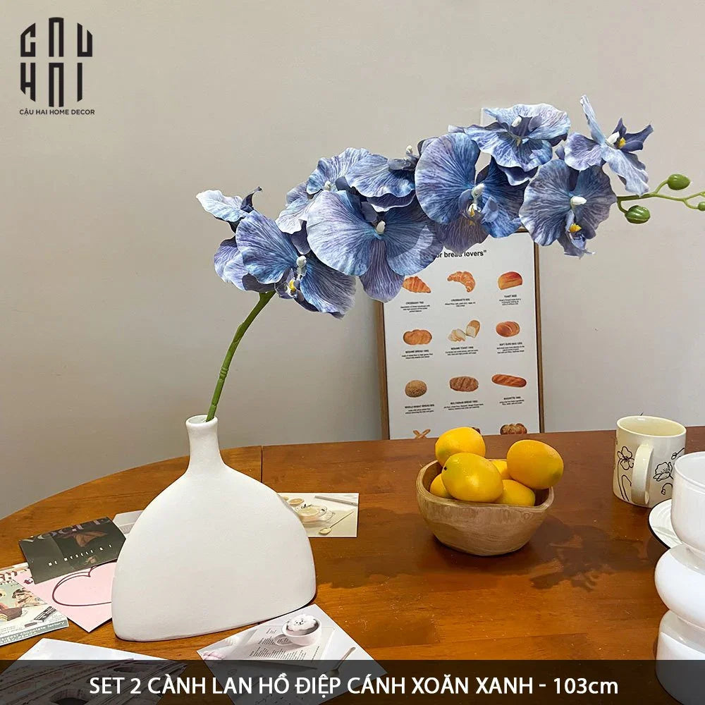 Set 2 Cành Lan Hồ Điệp Cánh Xoăn - Xanh Tím-Hoa Lụa-CẬU HAI HOME DECOR