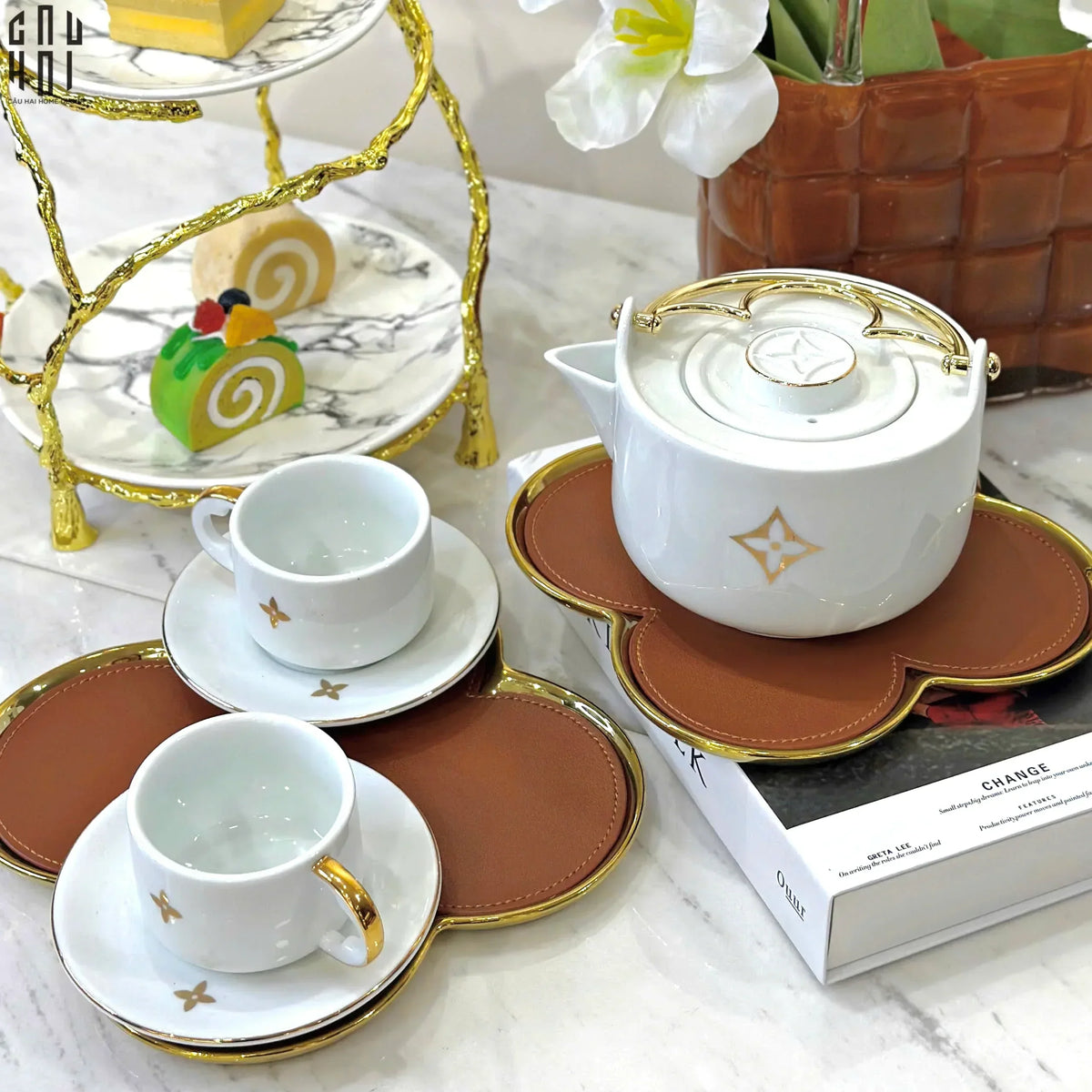 Set 2 Đĩa Sứ Bọc Da Fleur De Monogram - Gold Lignes-SET CHÉN DĨA-Đối tác tại Trung Quốc theo từng đơn đặt hàng-CẬU HAI HOME DECOR
