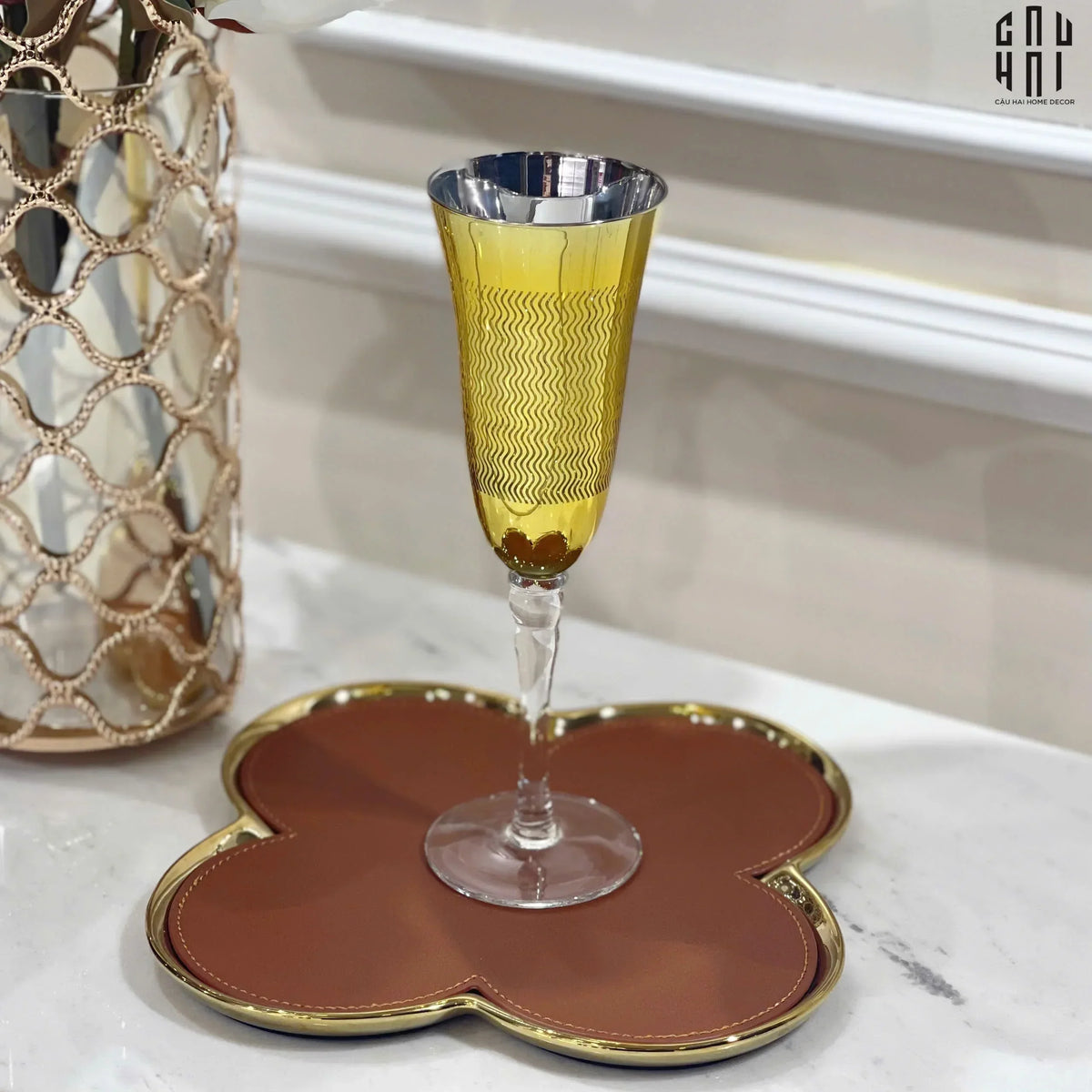 Set 2 Đĩa Sứ Bọc Da Fleur De Monogram - Gold Lignes-SET CHÉN DĨA-Đối tác tại Trung Quốc theo từng đơn đặt hàng-CẬU HAI HOME DECOR
