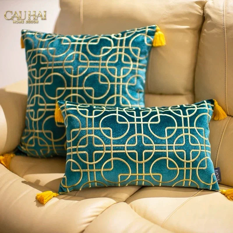 Set 2 Gối Nhung Emerald Lumina Grid 45X45/-VỎ GỐI-CẬU HAI HOME DECOR