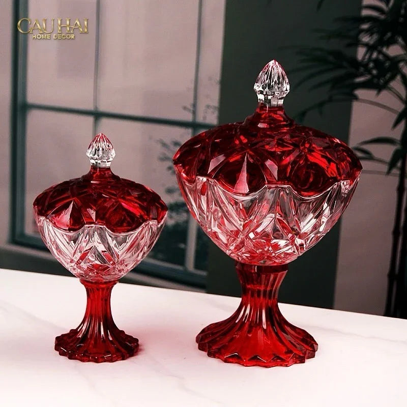 Set 2 Lọ Kẹo Pha Lê Đỏ Ruby Candy Lumiere Bonbonnière H21/H28-Lọ kẹo Canister Bonbonnière-CẬU HAI HOME DECOR