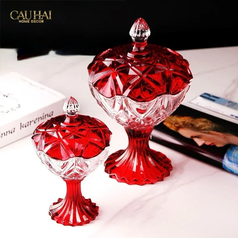 Set 2 Lọ Kẹo Pha Lê Đỏ Ruby Candy Lumiere Bonbonnière H21/H28-Lọ kẹo Canister Bonbonnière-Đối tác tại Trung Quốc theo từng đơn đặt hàng-CẬU HAI HOME DECOR