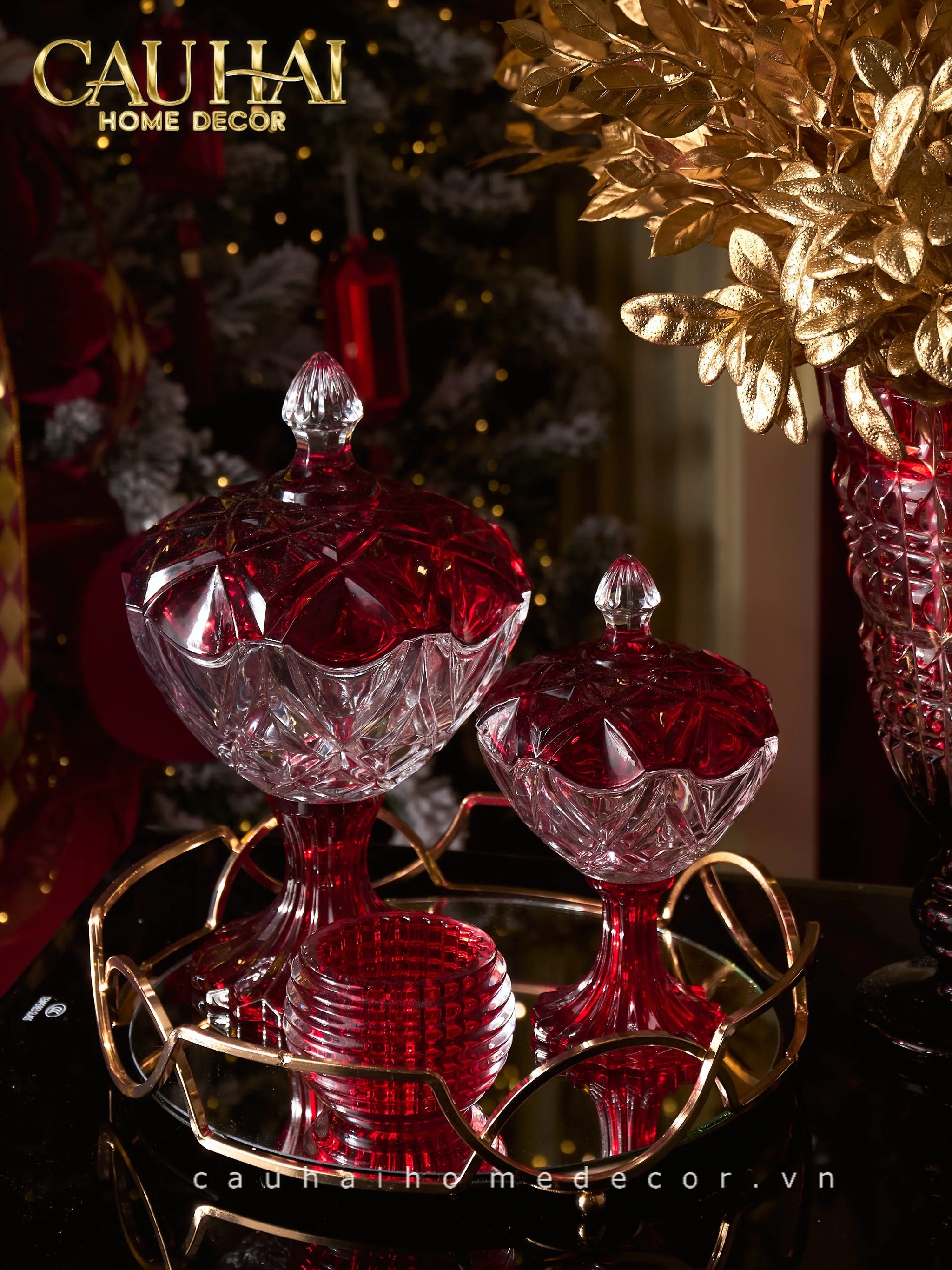 Set 2 Ly Cocktail Thuỷ Tinh Diamond Facetté Goblet - Ruby Red 8.6x16.8 300Ml-LY THỦY TINH-CẬU HAI HOME DECOR