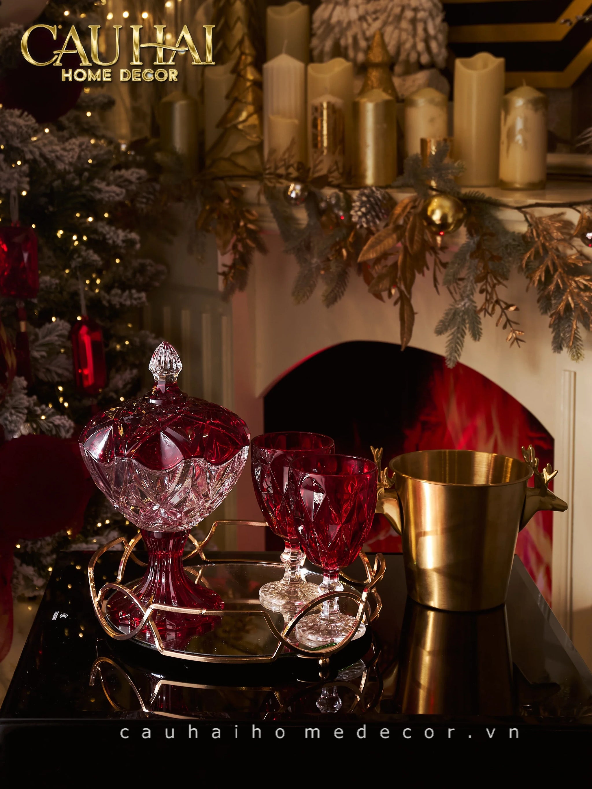 Set 2 Ly Cocktail Thuỷ Tinh Diamond Facetté Goblet - Ruby Red 8.6x16.8 300Ml-LY THỦY TINH-CẬU HAI HOME DECOR