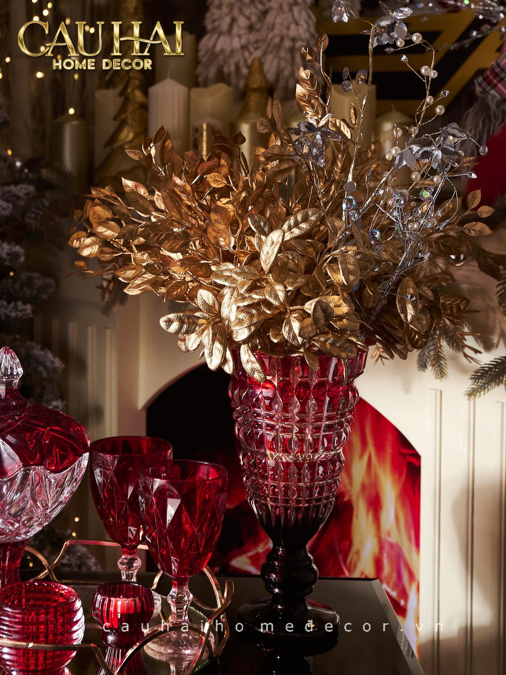 Set 2 Ly Cocktail Thuỷ Tinh Diamond Facetté Goblet - Ruby Red 8.6x16.8 300Ml-LY THỦY TINH-CẬU HAI HOME DECOR