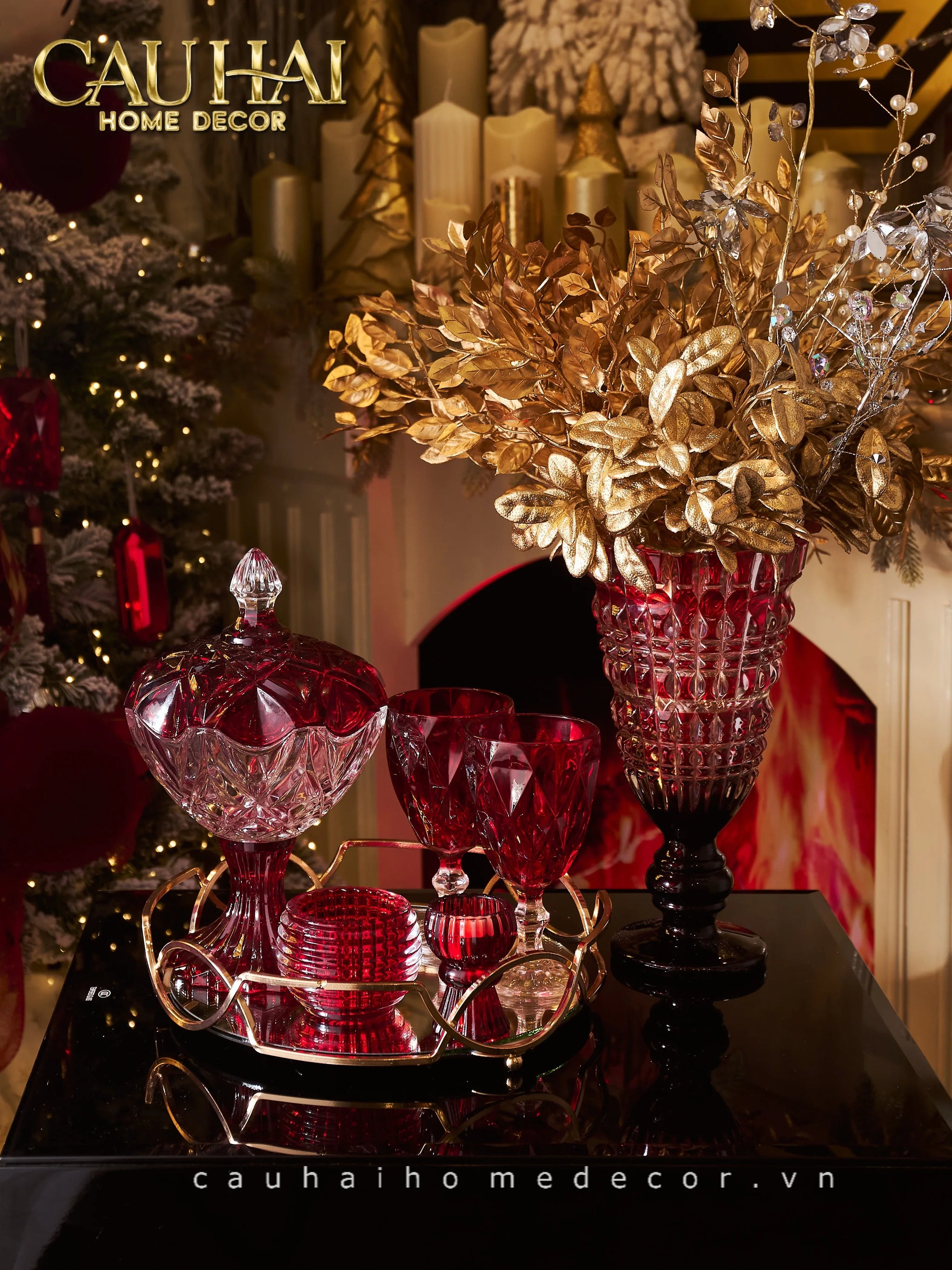 Set 2 Ly Cocktail Thuỷ Tinh Diamond Facetté Goblet - Ruby Red 8.6x16.8 300Ml-LY THỦY TINH-CẬU HAI HOME DECOR