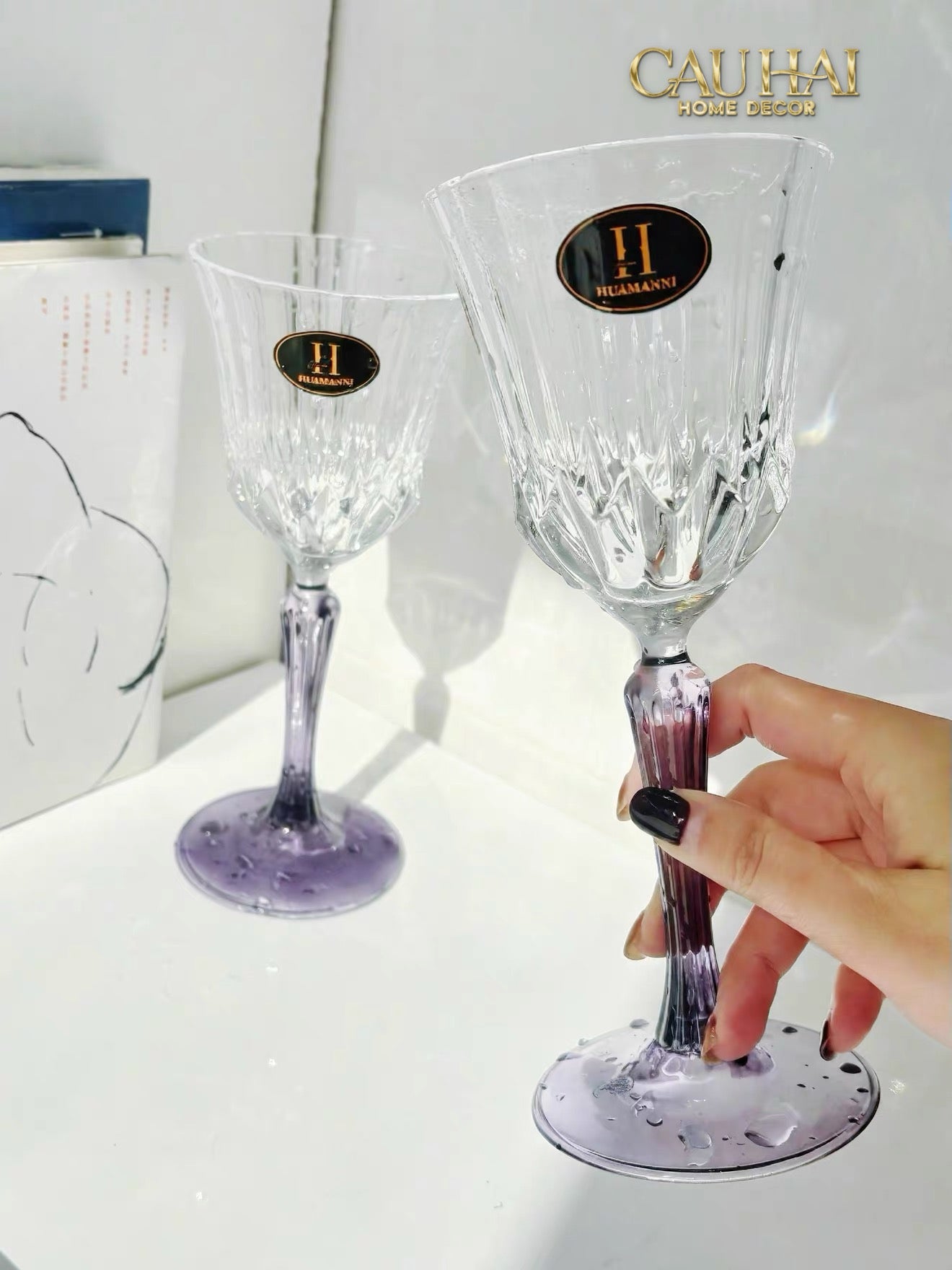 Set 2 Ly Vang Diamond Goblet Plum Crystal 200Ml-CẬU HAI HOME DECOR