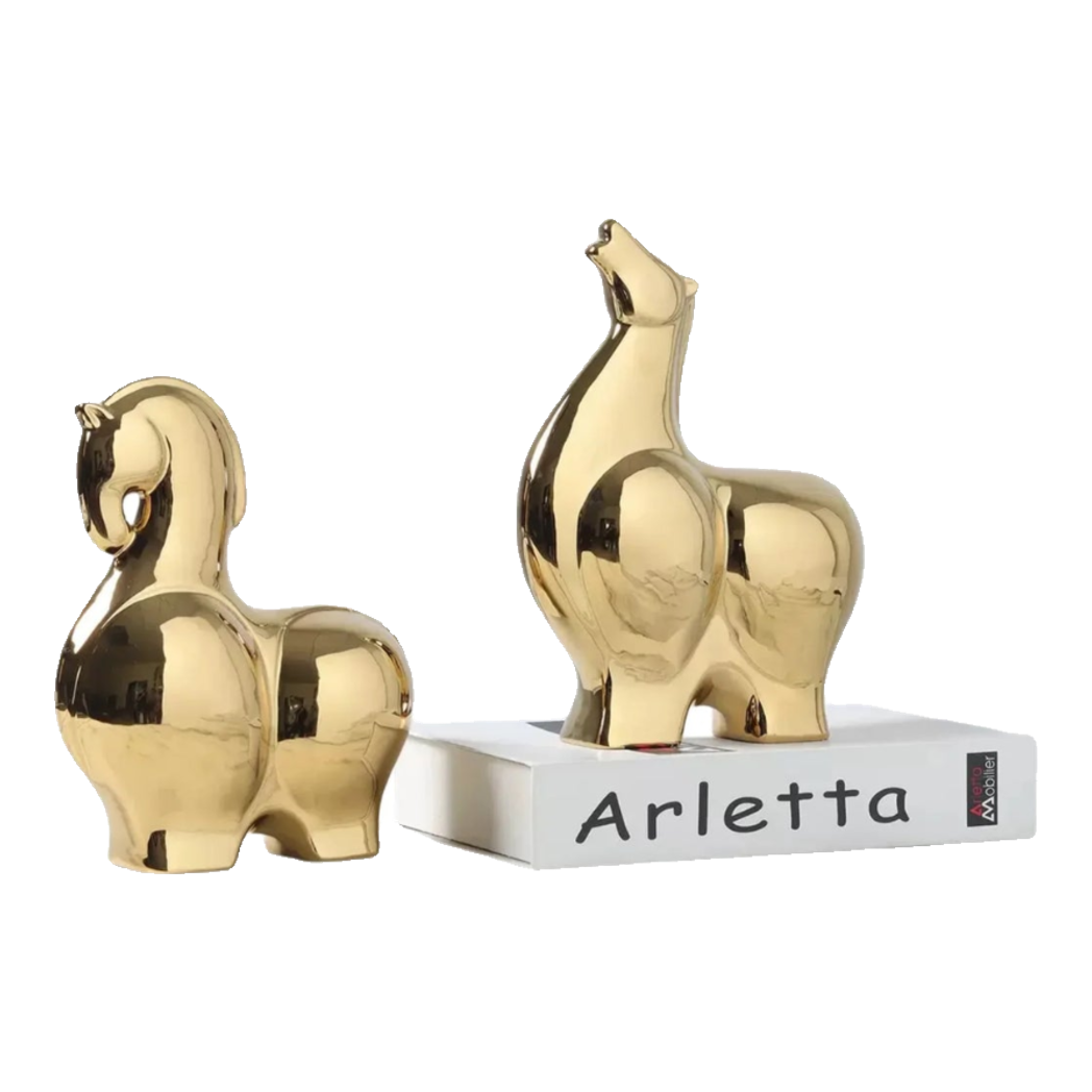 Tết Couture - Set 2 Tượng Ngựa Sứ Tráng Men Mạ Vàng Golden Cheval de Fortune H22/25