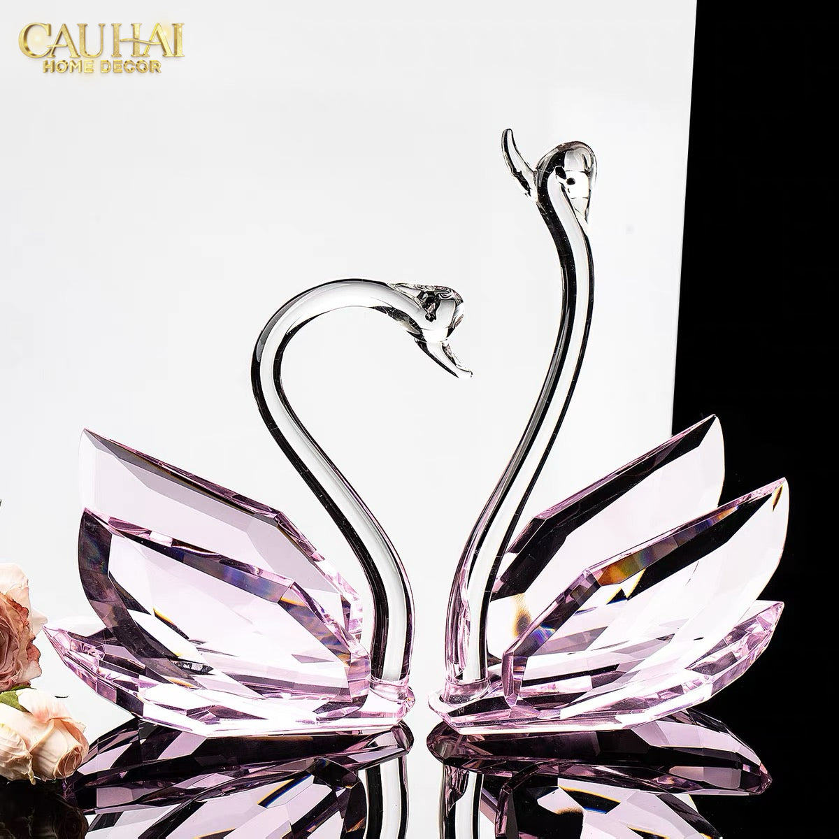Set 2 Tượng Thiên Nga Pha Lê Trang Trí Crystal Swan Étreinte Rosé 2pcs-Tượng Pha Lê-CẬU HAI HOME DECOR-CẬU HAI HOME DECOR