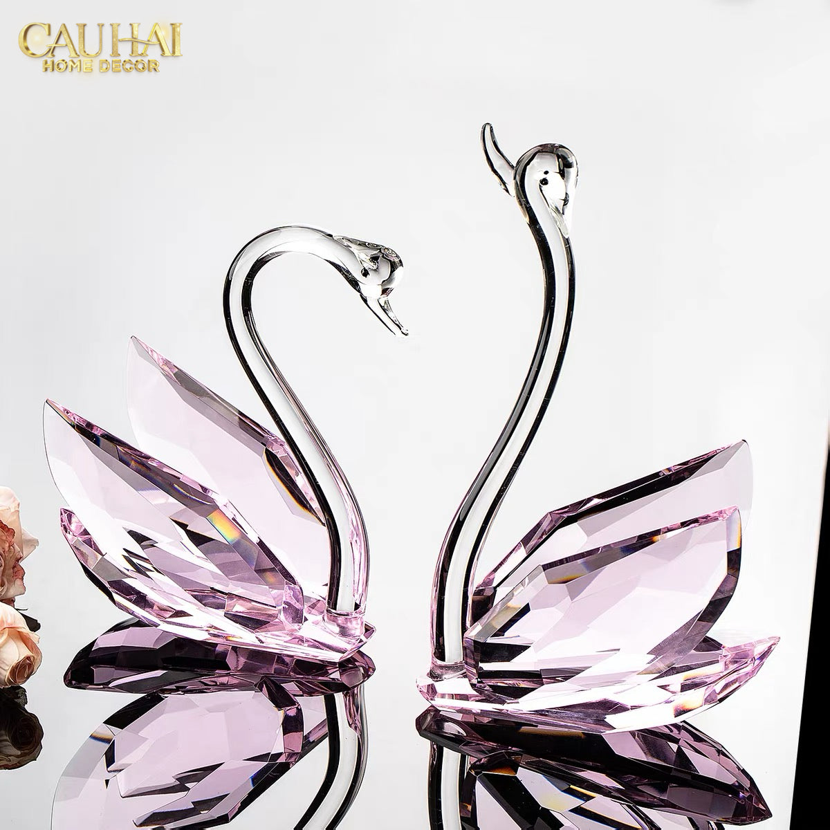 Set 2 Tượng Thiên Nga Pha Lê Trang Trí Crystal Swan Étreinte Rosé 2pcs-Tượng Pha Lê-CẬU HAI HOME DECOR-CẬU HAI HOME DECOR