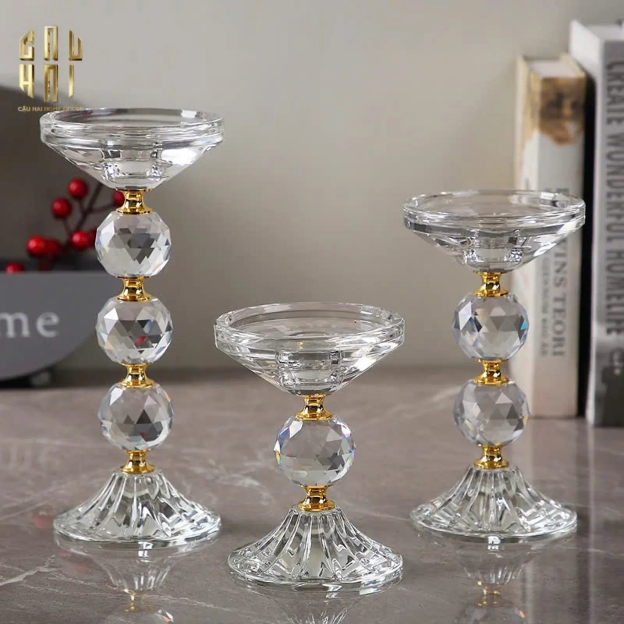 Set 3 Đế Nến Crystal Crown Triptyque Candle Holders-CẬU HAI HOME DECOR