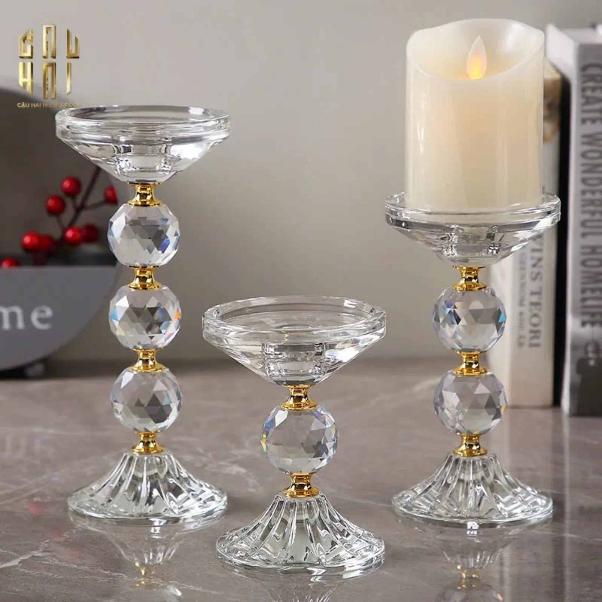 Set 3 Đế Nến Crystal Crown Triptyque Candle Holders-CẬU HAI HOME DECOR