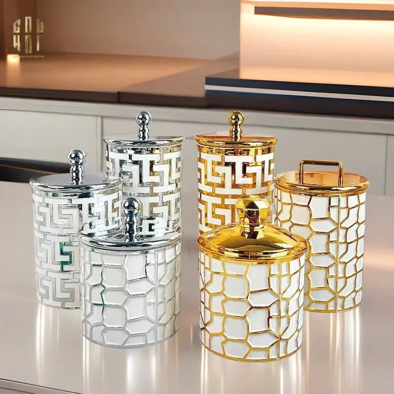 Set 3 Lọ Pantry Acry - Platinum Greek Key-HŨ TRANG TRÍ-CẬU HAI HOME DECOR