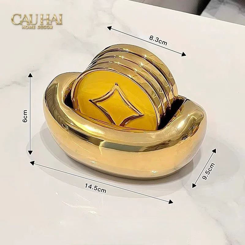 Set 4 Lót Ly Sứ Đồng Tiền Tài Lộc Golden Coin Ceramic Glasses Coaster-CẬU HAI HOME DECOR