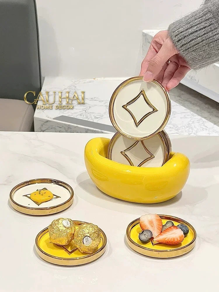 Set 4 Lót Ly Sứ Đồng Tiền Tài Lộc Golden Coin Ceramic Glasses Coaster-CẬU HAI HOME DECOR
