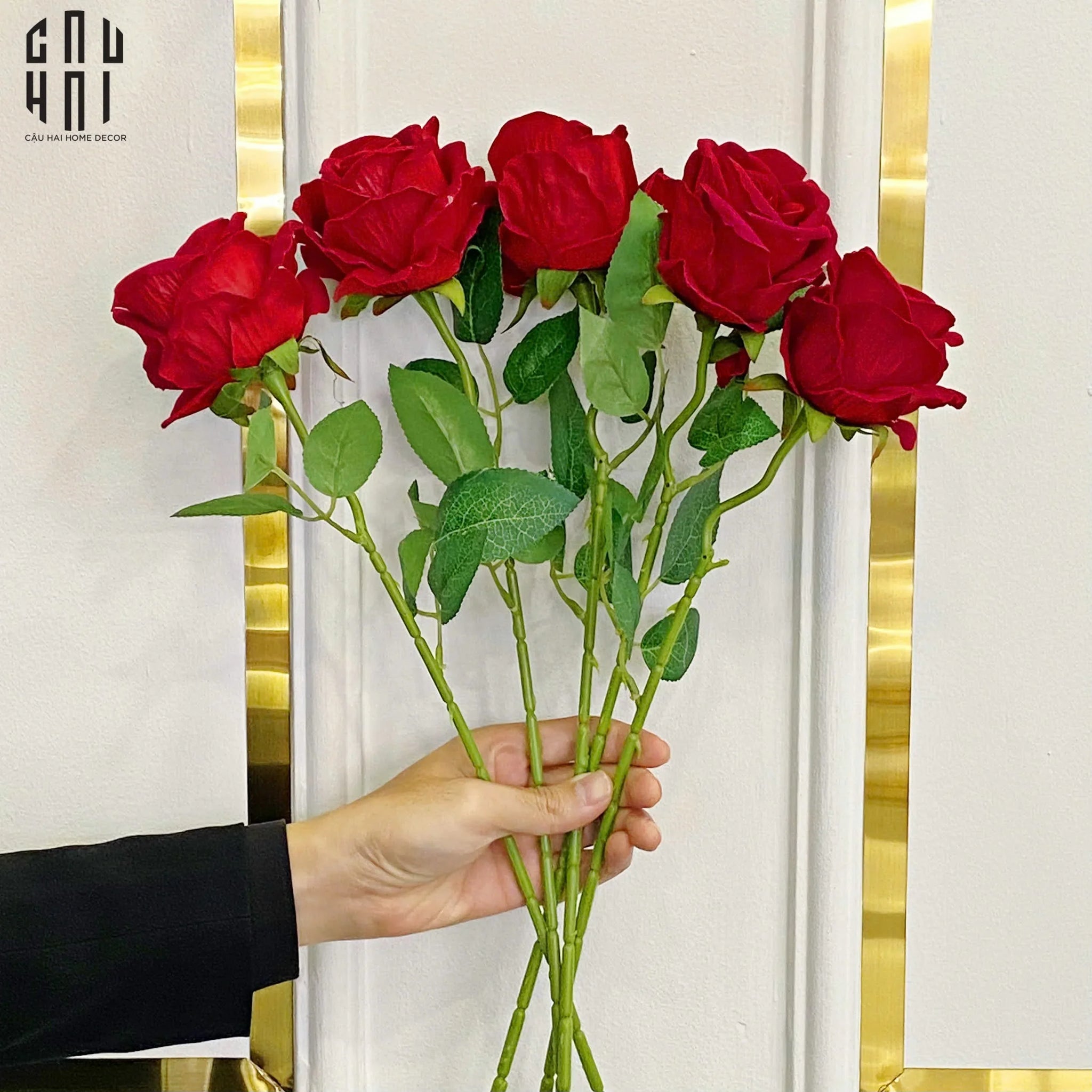 Set 5 Cành Hoa Hồng Nhung - Velvet Rose - Red-Hoa Lụa-CẬU HAI HOME DECOR