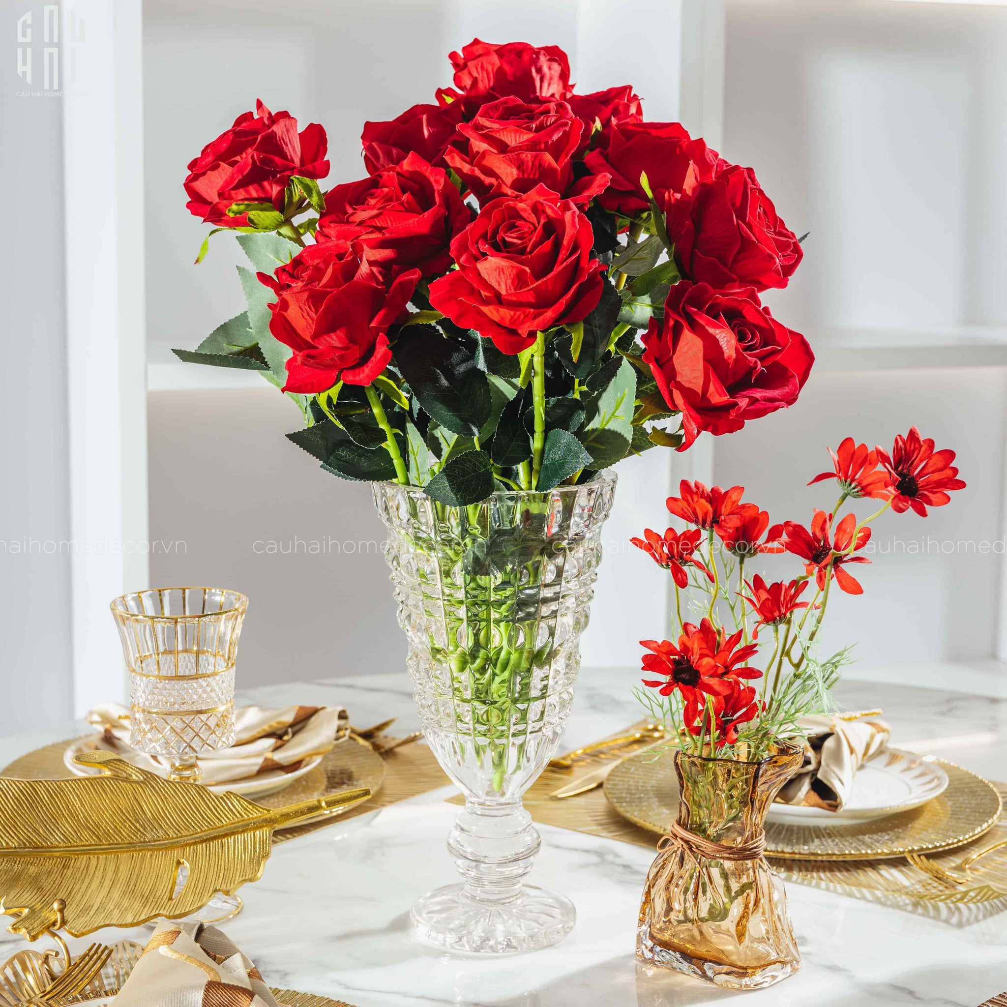 Set 5 Cành Hoa Hồng Nhung - Velvet Rose - Red-Hoa Lụa-CẬU HAI HOME DECOR