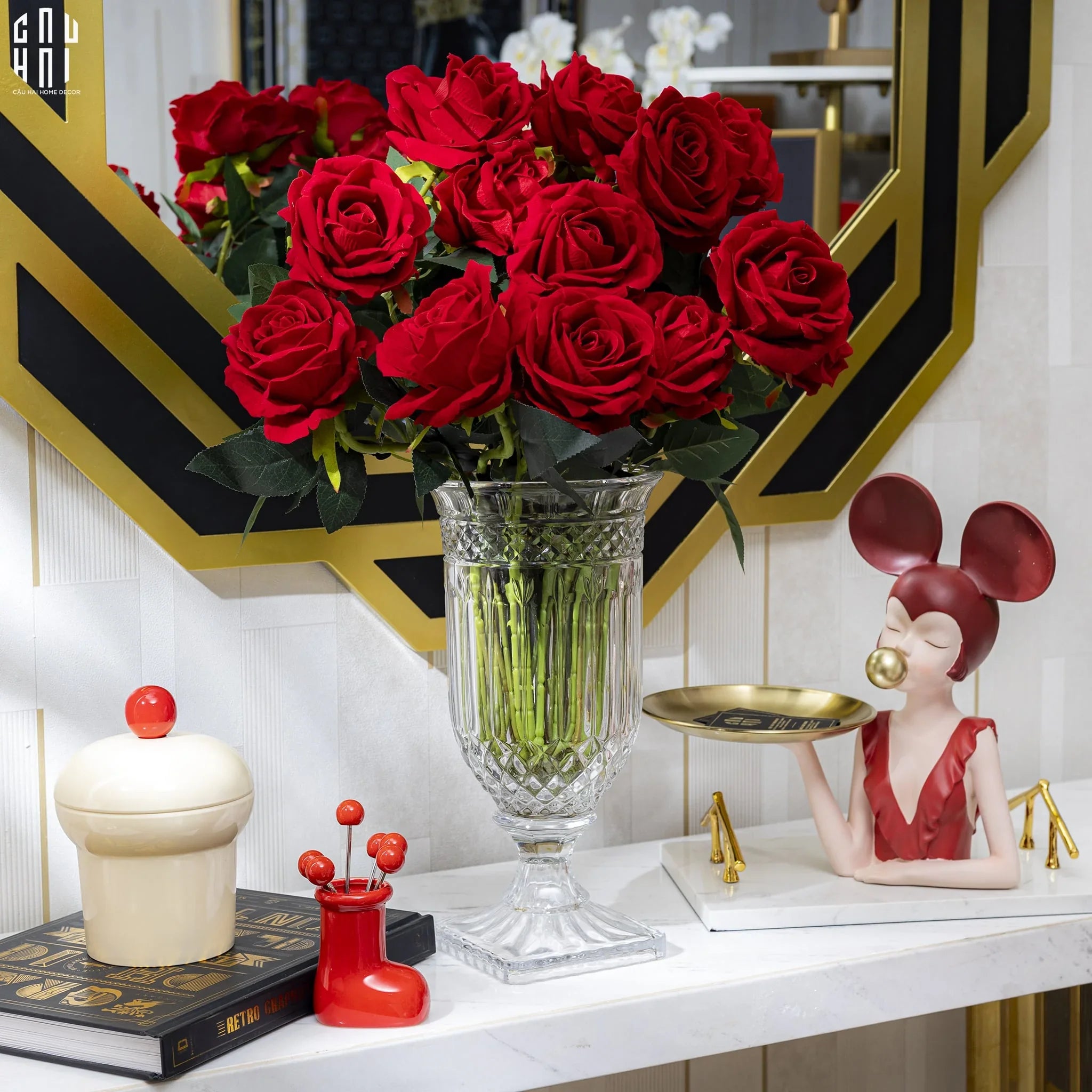 Set 5 Cành Hoa Hồng Nhung - Velvet Rose - Red-Hoa Lụa-CẬU HAI HOME DECOR