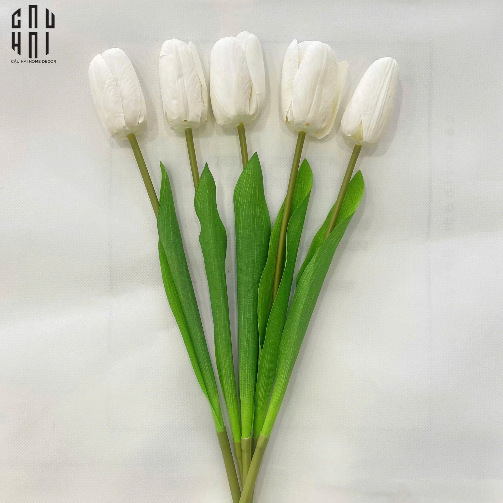 Set 5 Cành Hoa Tulip Trắng 46Cm-Hoa Lụa-CẬU HAI HOME DECOR