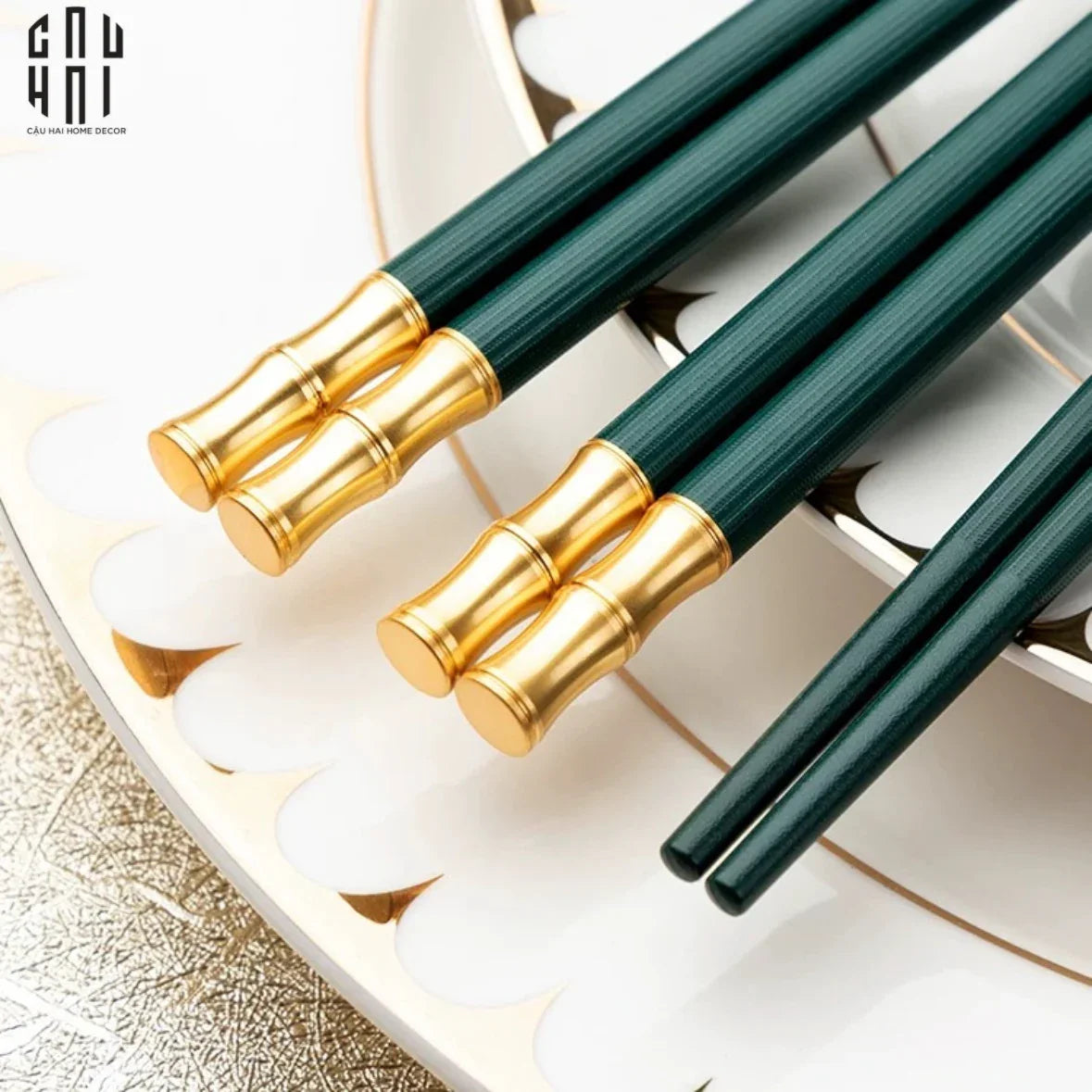 Set 5 Đôi Đũa Sợi Thuỷ Tinh - Emerald Golden Bamboo Chopsticks 24cm-Dinner Cutlery Set Dao Muỗng Nĩa-CẬU HAI HOME DECOR