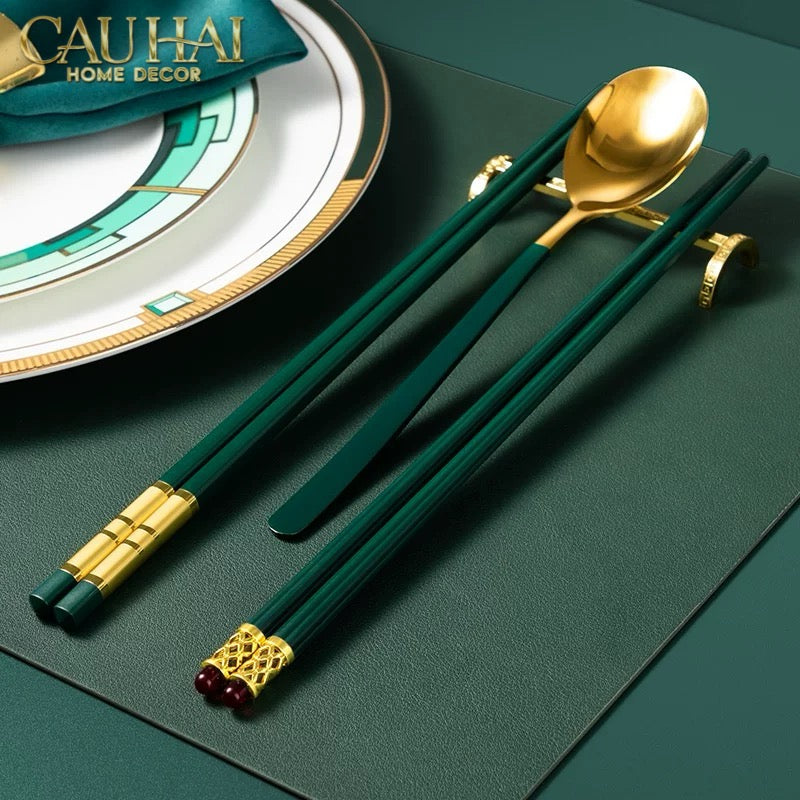 Set 5 Đôi Đũa Sợi Thuỷ Tinh - Emerald Golden Bamboo Chopsticks 24cm-Dinner Cutlery Set Dao Muỗng Nĩa-CẬU HAI HOME DECOR