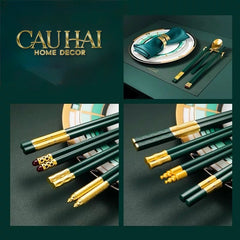 Set 5 Đôi Đũa Sợi Thuỷ Tinh - Emerald Golden Bamboo Chopsticks 24cm-CẬU HAI HOME DECOR