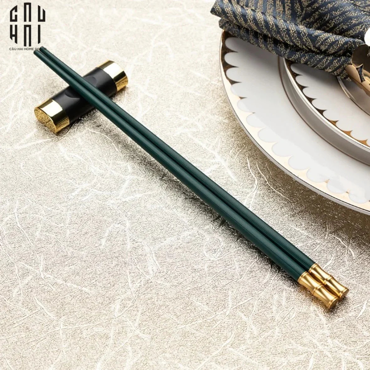 Set 5 Đôi Đũa Sợi Thuỷ Tinh - Emerald Golden Bamboo Chopsticks 24cm-CẬU HAI HOME DECOR