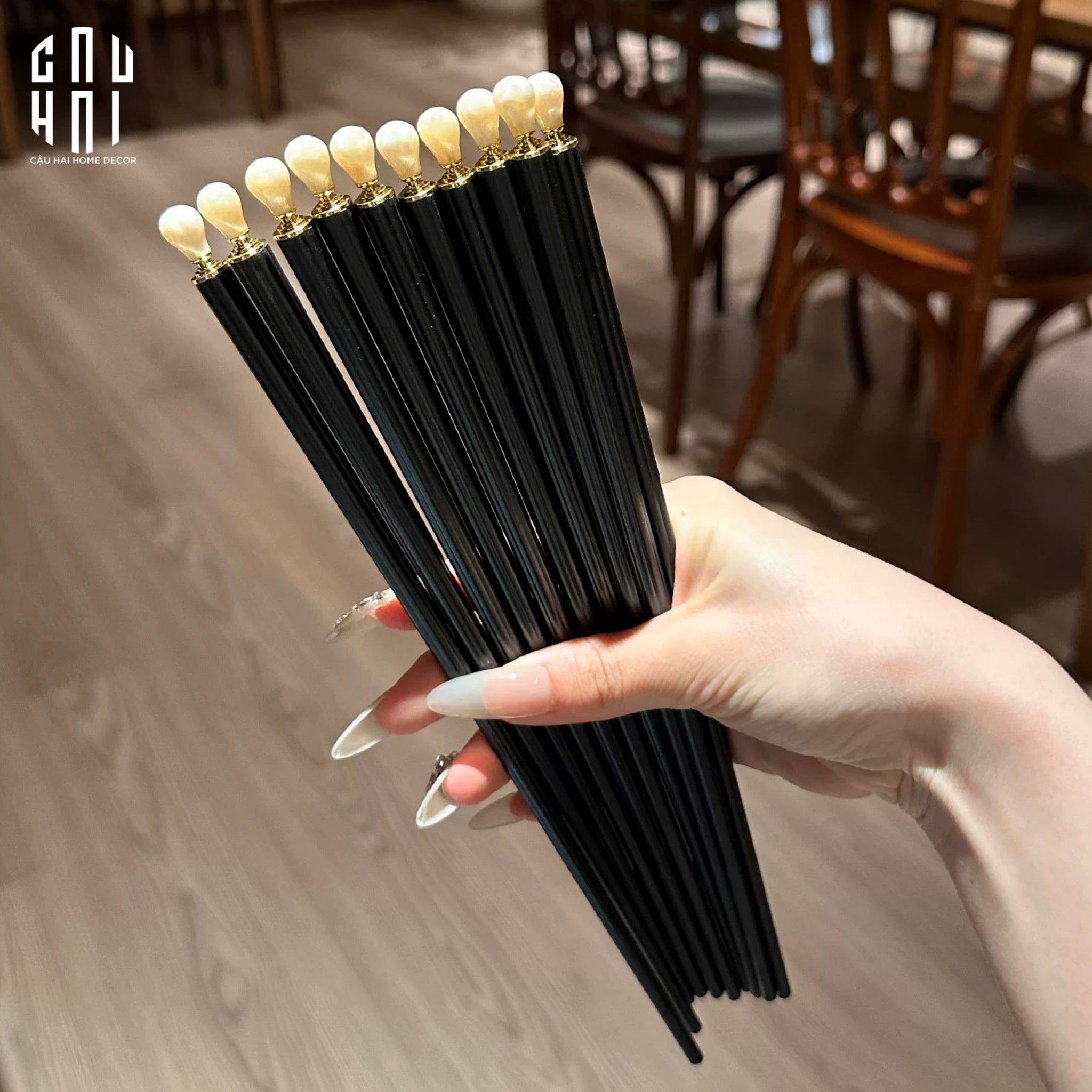Set 5 Đôi Đũa Sợi Thuỷ Tinh White Pearl Jewelry PET Chopsticks 24.5cm-Dinner Cutlery Set Dao Muỗng Nĩa-CẬU HAI HOME DECOR