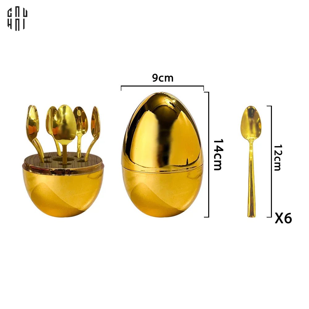 Set 6 Muỗng Tráng Miệng Golden Blossom Egg-Dinner Cutlery Set Dao Muỗng Nĩa-CẬU HAI HOME DECOR
