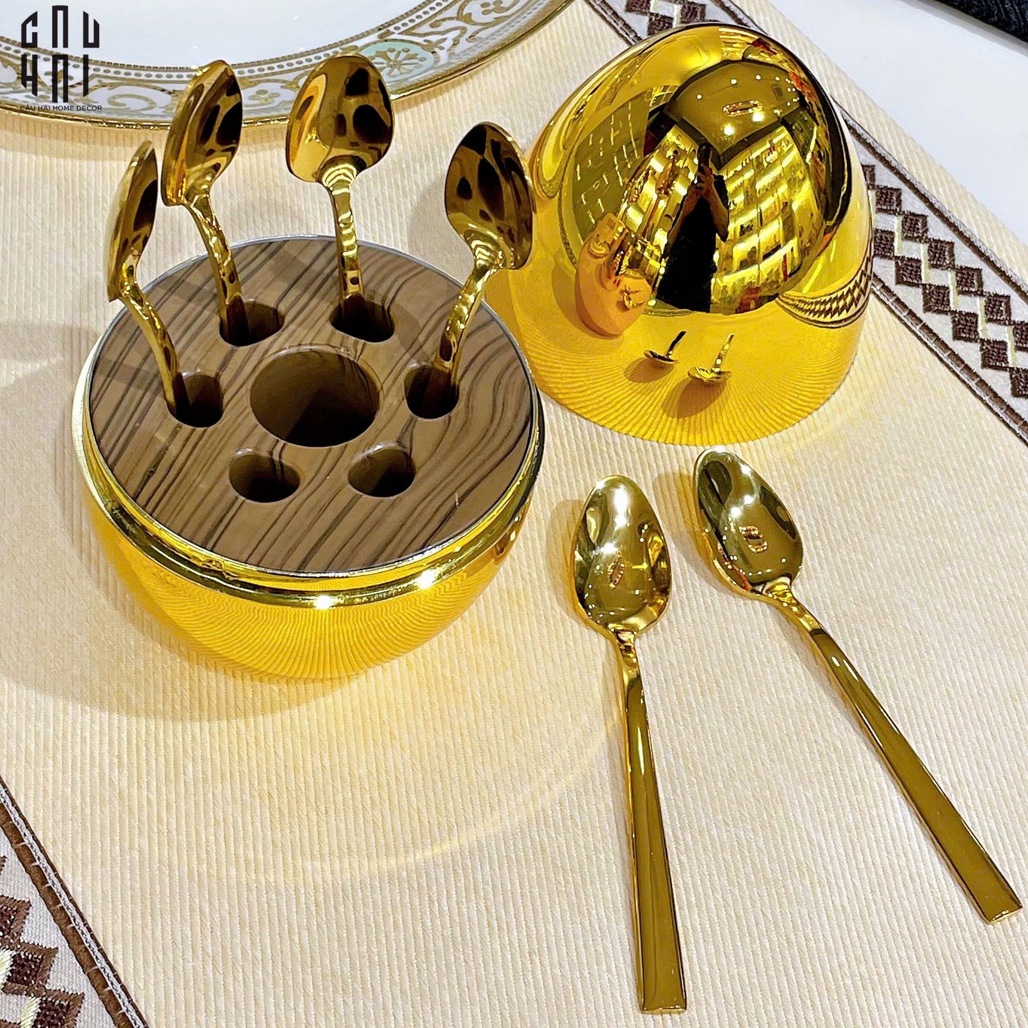 Set 6 Muỗng Tráng Miệng Golden Blossom Egg-Dinner Cutlery Set Dao Muỗng Nĩa-CẬU HAI HOME DECOR