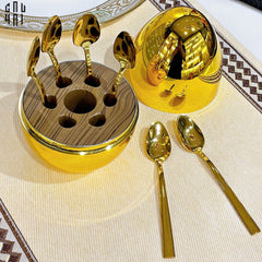 Set 6 Muỗng Tráng Miệng Golden Blossom Egg-Dinner Cutlery Set Dao Muỗng Nĩa-CẬU HAI HOME DECOR