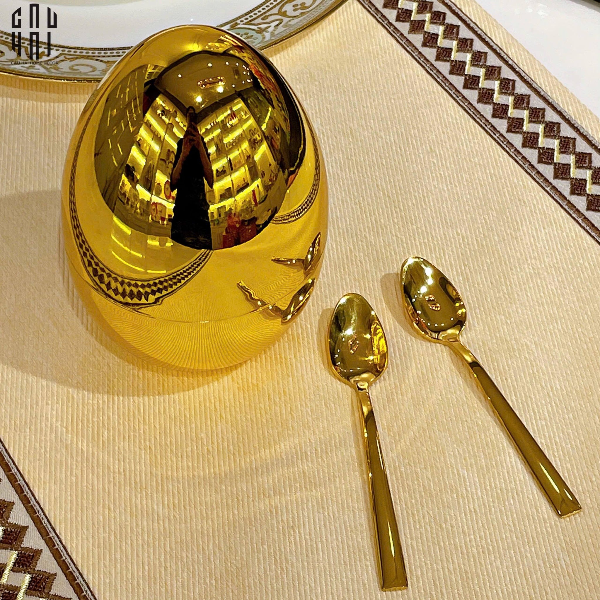 Set 6 Muỗng Tráng Miệng Golden Blossom Egg-Dinner Cutlery Set Dao Muỗng Nĩa-CẬU HAI HOME DECOR