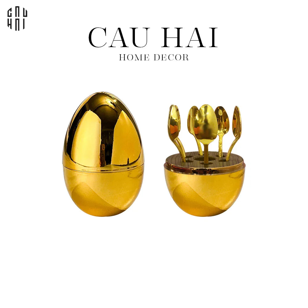 Set 6 Muỗng Tráng Miệng Golden Blossom Egg-Dinner Cutlery Set Dao Muỗng Nĩa-CẬU HAI HOME DECOR