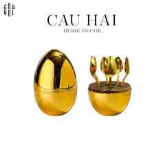Set 6 Muỗng Tráng Miệng Golden Blossom Egg-Dinner Cutlery Set Dao Muỗng Nĩa-CẬU HAI HOME DECOR